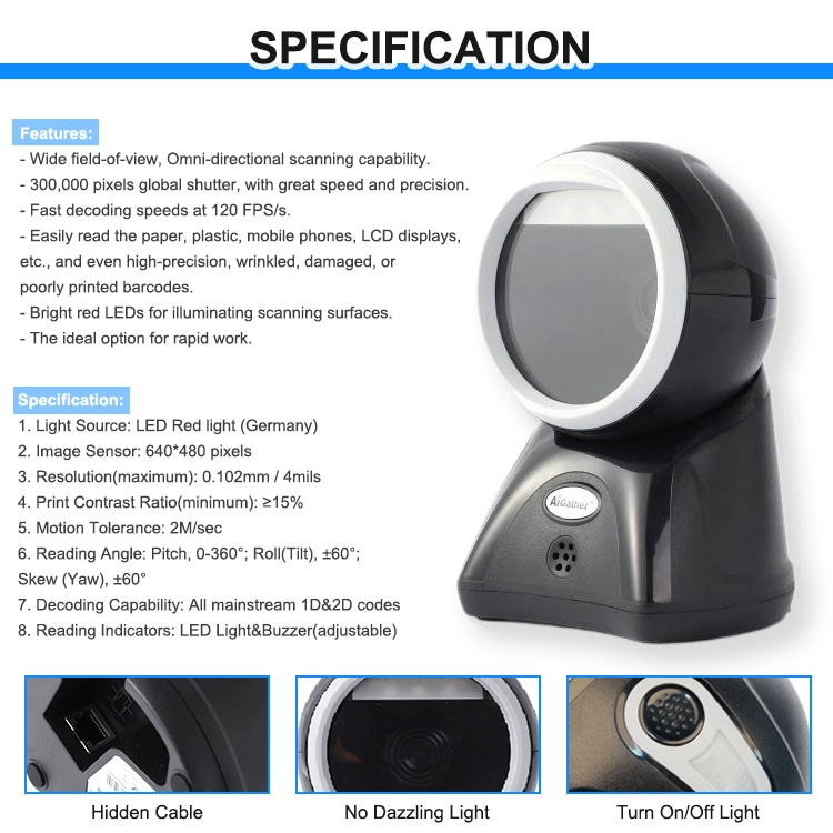 Hands Free Desktop 2D Omnidirectional Barcode Scanner CMOS Barcode Reader for Shop